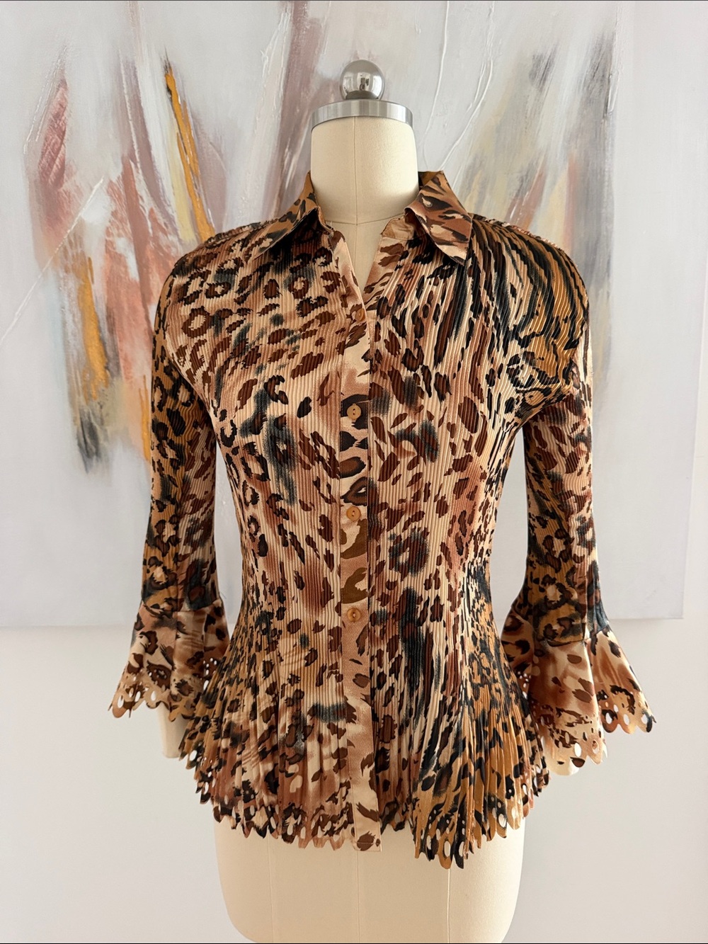 Essentials by Milano Leopard-Print Pleated Button-Front Top - Brown, Black